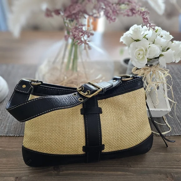 Vintage Coach Legacy Leather Trimmed Manufactured Straw Hobo Shoulder Bag - Picture 5 of 16